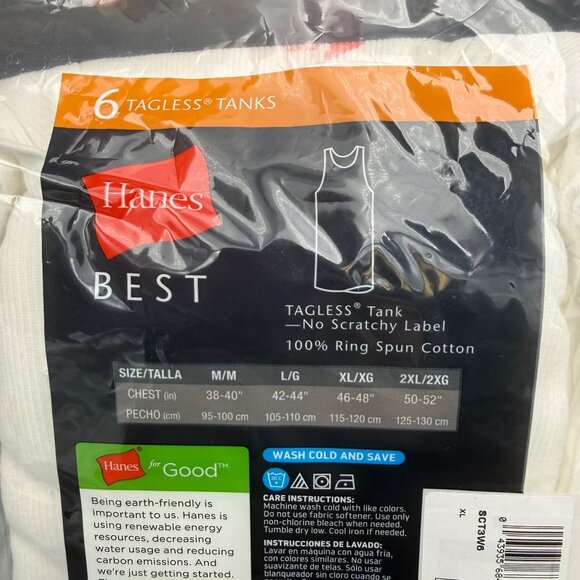 Hanes Best 6 Pack Tanks Mens Tagless White XL 100% Ring Spun Cotton Tank Top - Picture 3 of 3